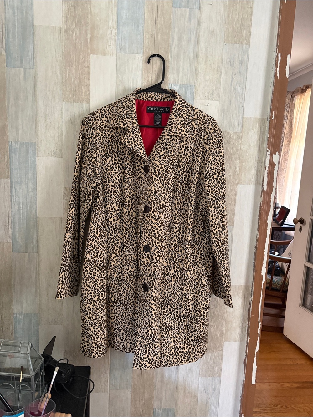 SilkLand Leopard-Print Blazer Coat with Red Lining